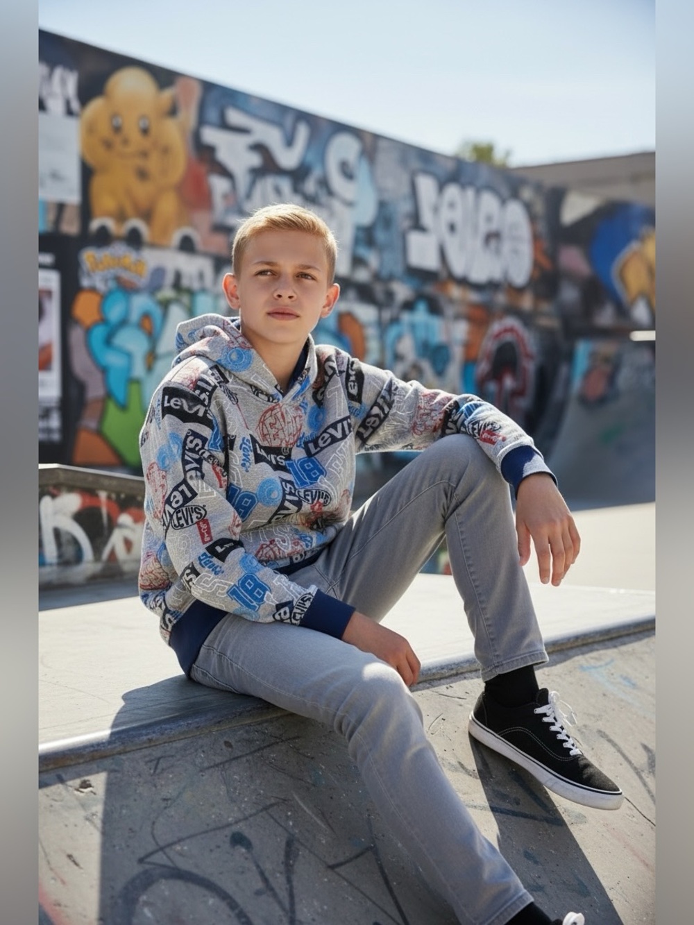 Levi's Grey Hooded Sweatshirt with Blue and Red Logo Graphics Medium (10-12 yrs)